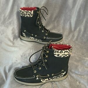 Sperry Top Sider Hikerfish Black Leopard Boots 9531393-‎ Women's Size 10